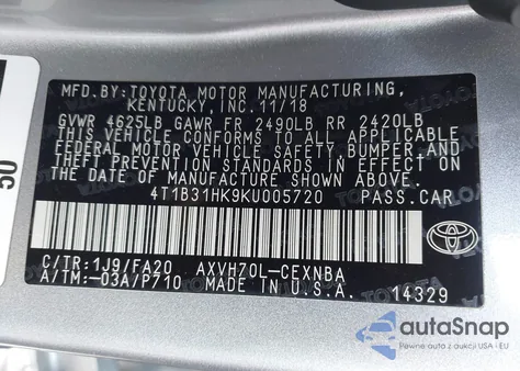2019 Toyota Camry Hybrid Le z USA, uszkodzony, nr VIN 4T1B31HK9KU005720